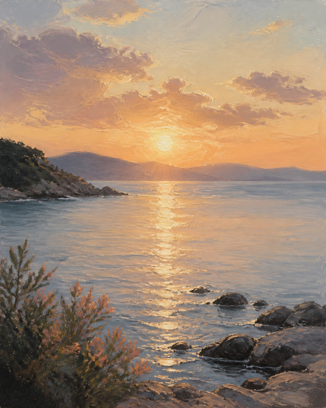 Sunset over the bay oil painting preview
