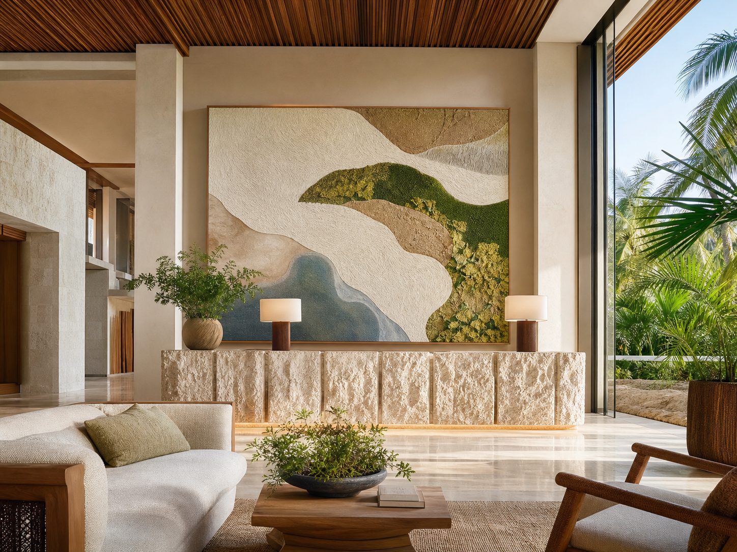 Concept project tropical resort arrival lounge with large natural artwork