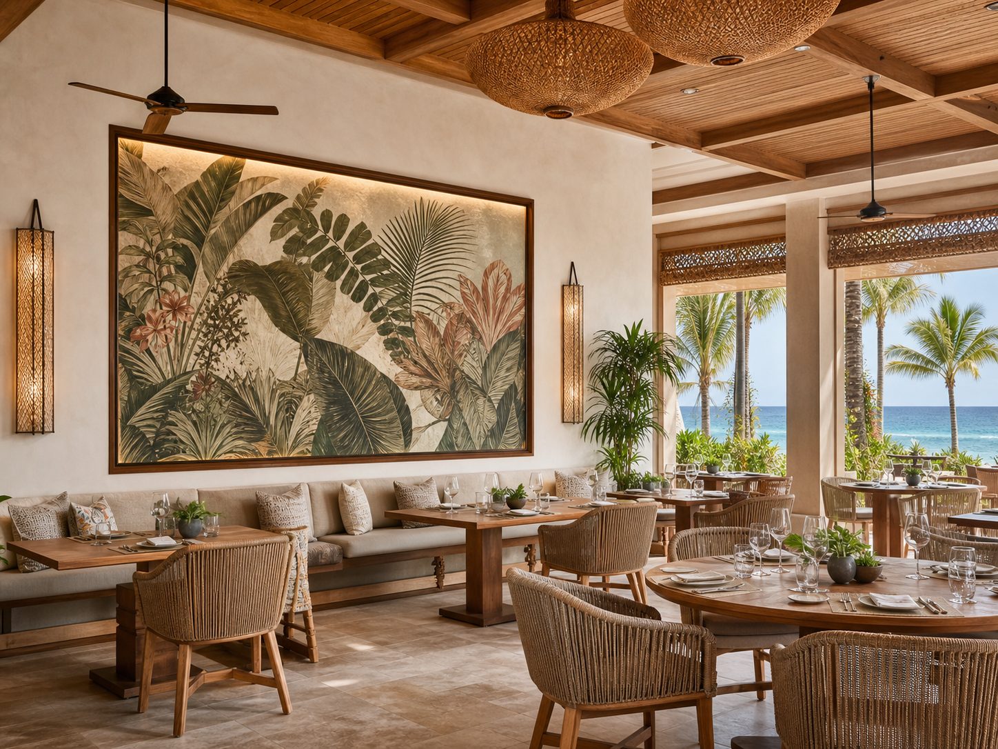 Concept project resort restaurant with botanical wall artwork