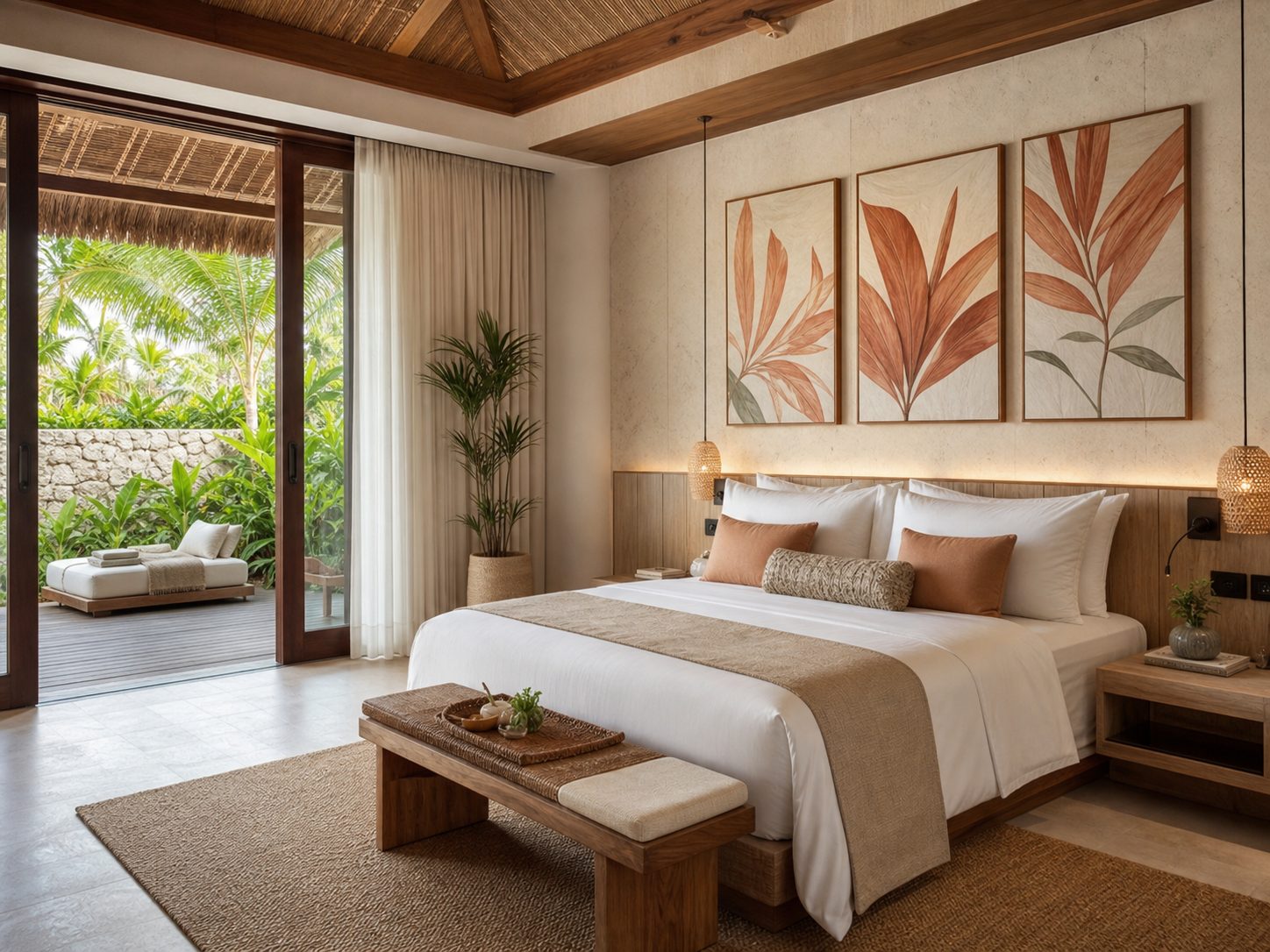 Concept project private resort villa bedroom with coordinated botanical artworks