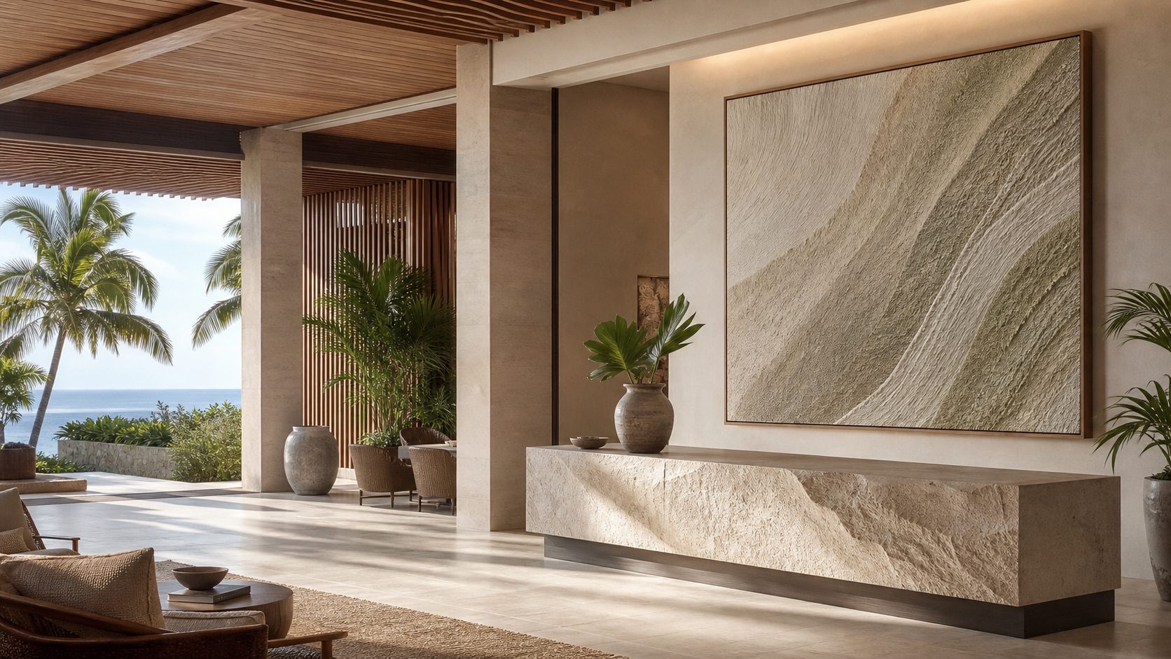 Luxury tropical resort arrival lobby with large artwork installation