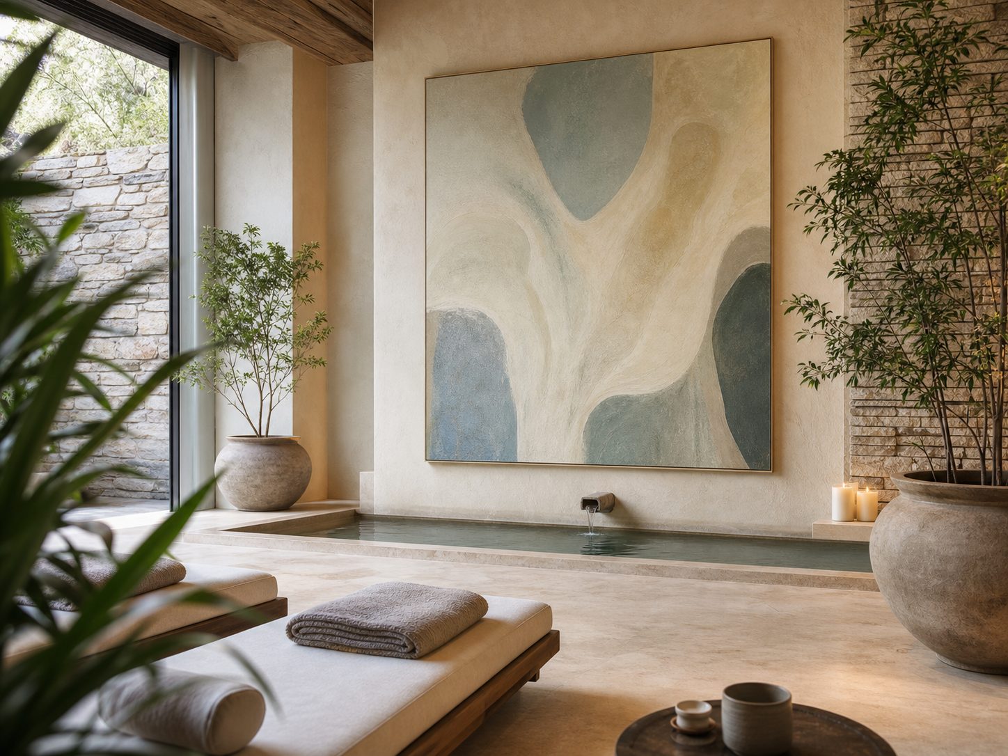 Concept project resort wellness spa space with calm abstract artwork