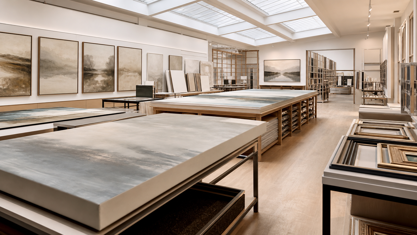 Premium artwork manufacturing studio with canvas production and quality inspection
