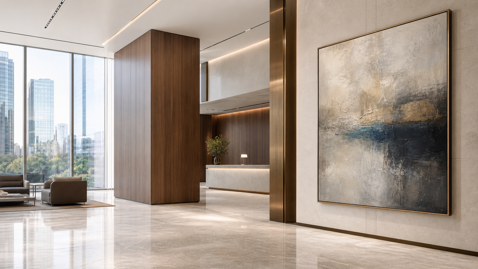 Modern office building artwork installation with large scale artwork