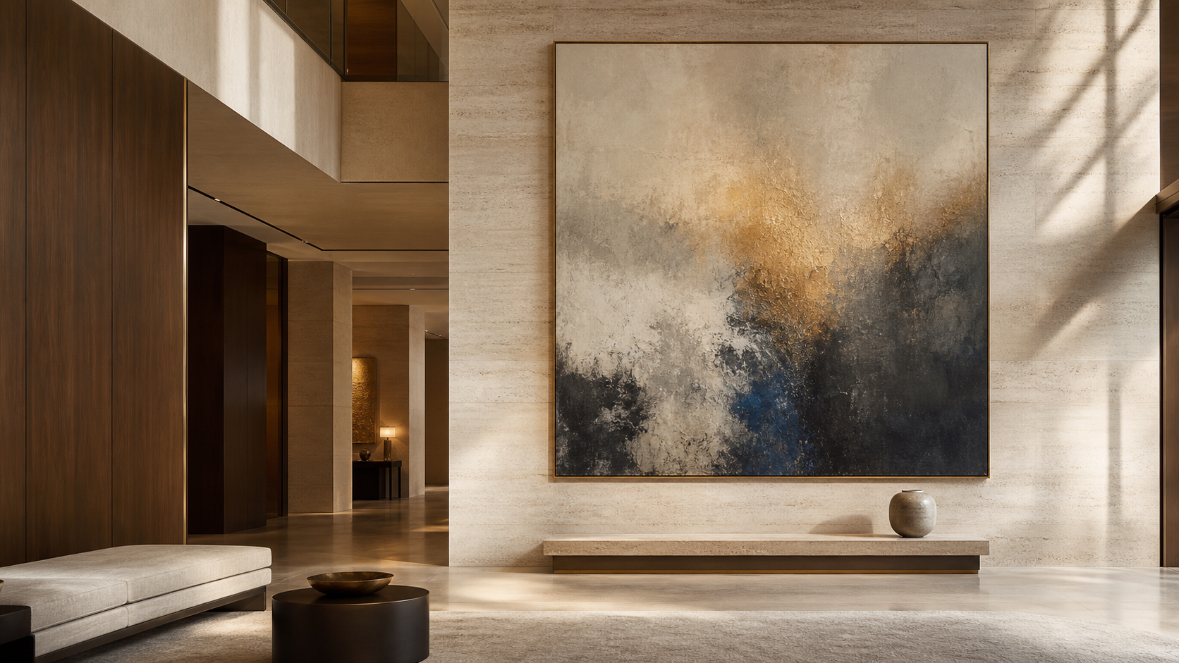 Luxury art gallery interior with large scale artwork